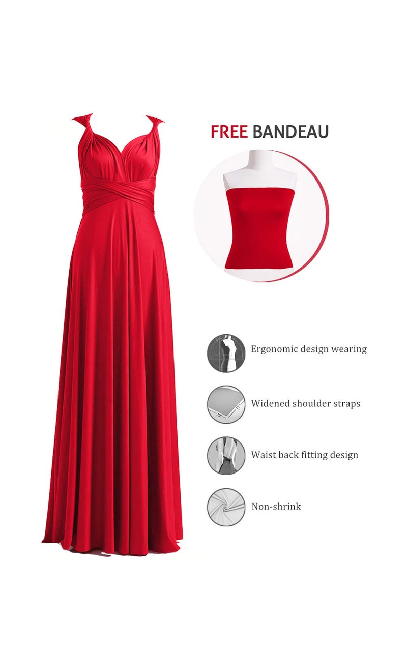 72styles Bridesmaid Infinity Dress, Wrap Elastic Off Shoulder Prom Party Convertible Maxi Long Dresses Red - Image 2